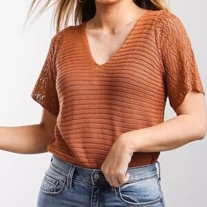 Gimmick by BKE Bodysuit XL Copper Rust Boho Knitted Sweater Cochet Comfy